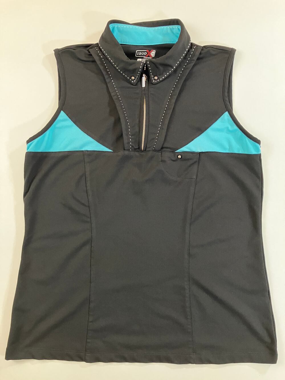 IZOD X PFX PerformX Women M Black Turquoise Sleeveless Golf Polo 1/4 Zip Stretch